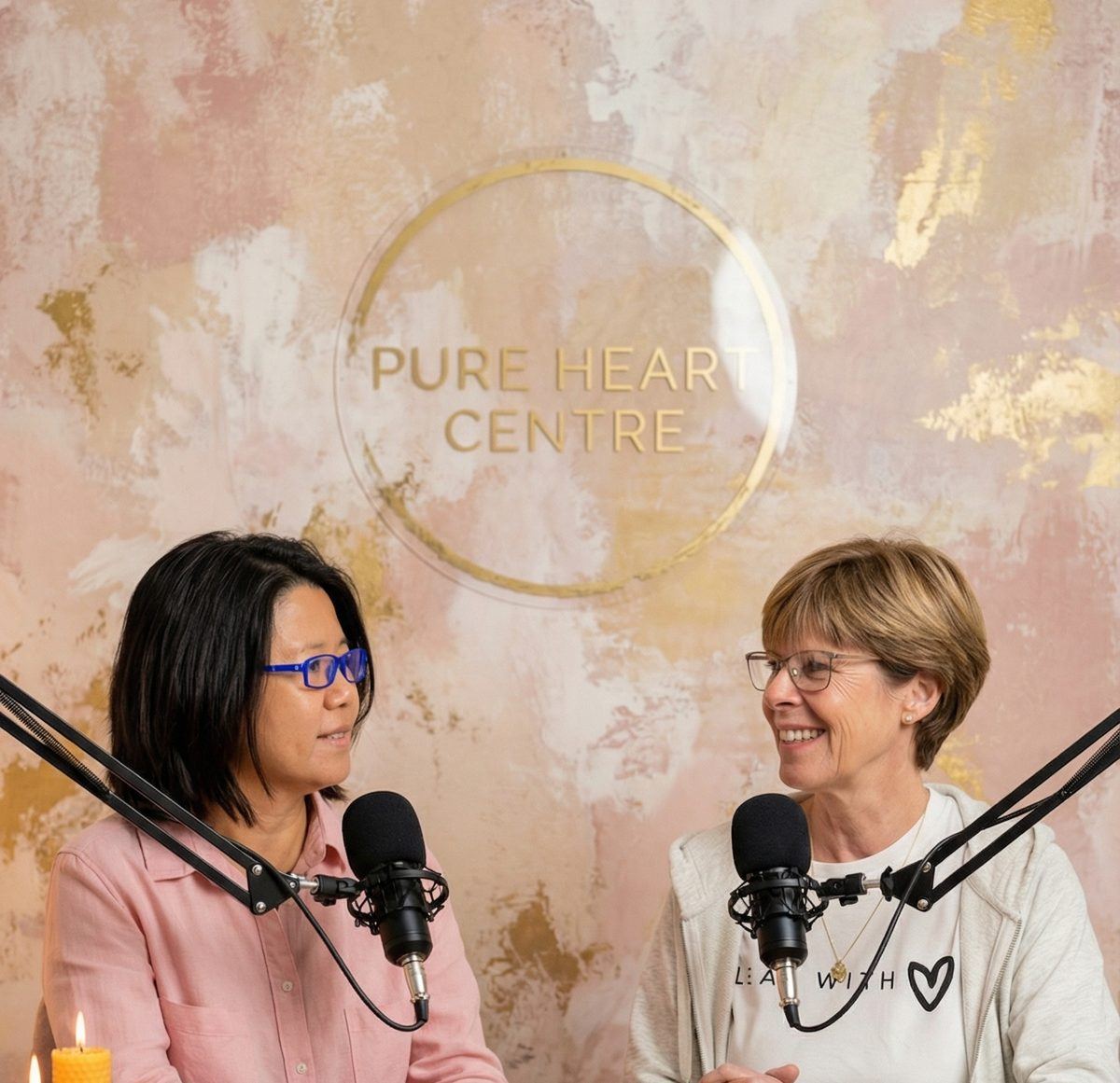 Aknes Kendra and Moira Williams recording the Pure Heart Podcast